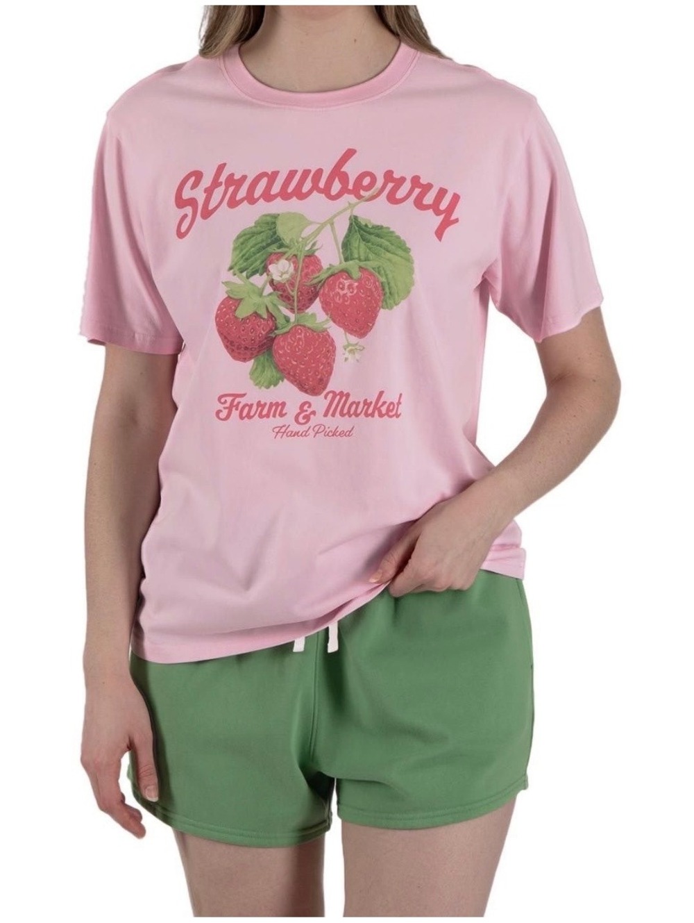 State & Main Women's Tee & Short Set, Pink Strawberry Graphic T-Shirt and GreenF